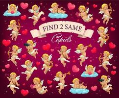 Valentine day find two same images game with cupid vector