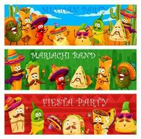 Mexican fiesta party, cartoon funny mariachi food vector