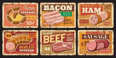 Beef meat, sausages and ham rusty plates or signs vector