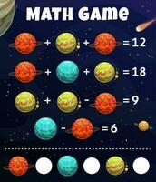 Math game worksheet, galaxy space planets maze vector