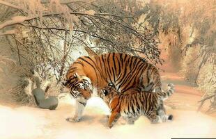 The tiger is playing with her cub in the snow country photo