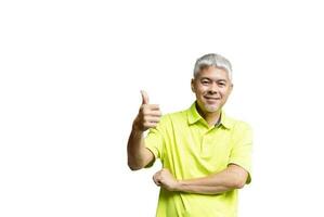Happy middle aged asian man with thump up isolated on white background in clipping path. photo