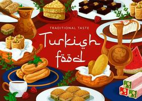 Turkish cuisine desserts food menu, pastry sweets vector