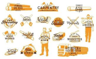 Lumberjack, carpenter and logging, sawmill icons vector