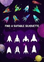 Kids game with spaceships, shadow match riddle vector