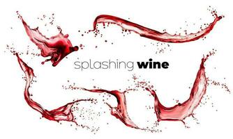 Red wine isolated splashes with drops, alcohol vector