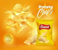 Crispy wavy potato chips with realistic package. vector