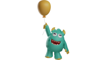 3D illustration. Adorable Monster 3D Cartoon Character. Monster brings cute yellow balloon. Monster smiles happily and is ready to play with his friends. 3d cartoon character png