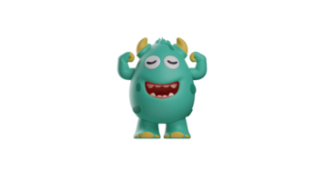 3d illustratie. weinig monster 3d tekenfilm karakter. weinig monster liet zien de spieren van beide armen. monster liet zien een vreemd uitdrukking. monster voelen sterk. 3d tekenfilm karakter png