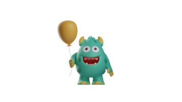 3D illustration. Cute Monster 3D Cartoon Character. The blue monster stands holding a yellow balloon. A cute monster that smiles broadly and faces forward. 3d cartoon character png