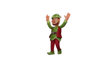 3D Illustration. Elf 3D cartoon character. The friendly elf waved his hand up. Adult elf smiled sweetly facing someone he met. 3D cartoon character png