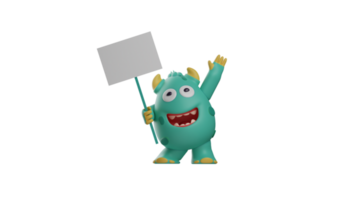 3D illustration. Attractive Monster 3D Cartoon Character. The monster raised a small white board while waving one hand. Monster showed a happy expression with a big grin. 3d cartoon character png