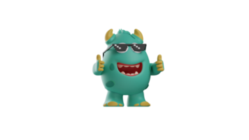 3D illustration. Cool Monster 3D Cartoon Character. Monster wearing sunglasses. Monster smiled coolly and gave two thumbs up. Happy monster looking at something. 3d cartoon character png