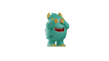 3D illustration. Cheerful Monster 3D Cartoon Character. Monster is playing hide and seek. Monster smiled while covering his eyes with his hands. 3d cartoon character png