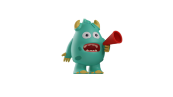 3D illustration. Excited Monster 3D Cartoon Character. Monster is talking into a red megaphone. Monster showed an annoyed expression. 3d cartoon character png