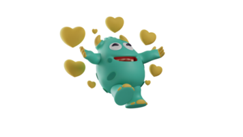 3D illustration. Romantic Monster 3D Cartoon Character. Monster is feeling in love. A monster in a levitating pose and smiling happily surrounded by a yellow heart. 3d cartoon character png