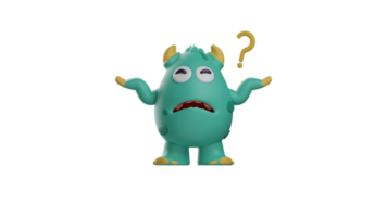 3d illustratie. verward monster 3d tekenfilm karakter. monster verheven beide handen in vraag. de monster liet zien een verward uitdrukking. monster hebben een veel van vragen. 3d tekenfilm karakter png