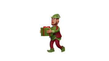 3D Illustration. Handsome Elf 3D cartoon character. Elf is distributing gifts to children. Elf with a pose stuck out a gift box. Elf looks happy. 3D cartoon character png