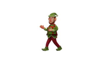 3D Illustration. Adorable Elf 3D Cartoon character. Elf is walking around. Elf walked while carrying a gift box he would give to a child. Elf shows a happy expression. 3D cartoon character png