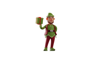 3D illustration. Good Elf 3D cartoon character. Elf held up the gift box with one hand. Elf wearing a green costume. Elf happily shared gifts with everyone she met. 3D cartoon character png