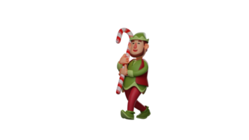 3D Illustration. Cheerful Elf 3D cartoon character. Elf carrying a giant candy stick. Elf smiled and felt happy. Elf shows a walking pose. 3D cartoon character png