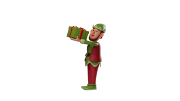 3d illustration. Beau elfe 3d dessin animé personnage. elfe tenue le cadeau boîte en haut. elfe est content à donner une cadeau à quelqu'un. elfe porte vert tissu cette est très mignonne et adorable. 3d dessin animé personnage png