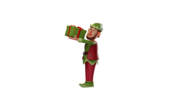 3d Illustration. gut aussehend Elf 3d Karikatur Charakter. Elf gehaltenen das Geschenk Box hoch. Elf ist glücklich zu geben ein Geschenk zu jemand. Elf trägt Grün Stoff Das ist sehr süß und liebenswert. 3d Karikatur Charakter png