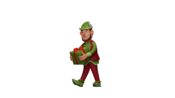 3D illustration. Happy Elf 3D cartoon character. Elf walked carrying a gift box wrapped in green. Elf smiled along the way and met many people. 3D cartoon character png