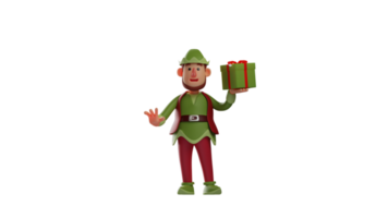 3D illustration. Decisive Elf 3D cartoon character. Elf showed a stop pose using one hand. Elf lifted the gift box and kept it out of reach of people. 3D cartoon character png