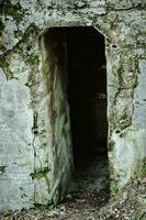 Open dark spooky entrance to the mossy catacomb with peeling concrete photo