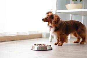 Cute Dachshund Dog standing next to the food bowl at home kitchen, photo