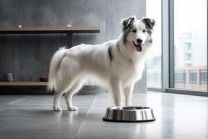 Cute Border Collie Dog standing next to the food bowl at home kitchen, photo