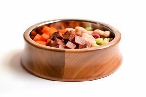 Dog food bowl, meat and vegetables. photo