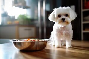 Cute Bichon Frise Dog standing next to the food bowl at home kitchen, photo