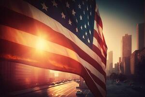 Big USA flag on city background, sunset or golden hour, photo