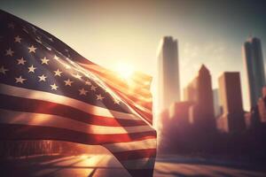 grande Estados Unidos bandera en ciudad fondo, puesta de sol o dorado hora, ai generado foto