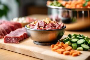 Dog food bowl, meat and vegetables. photo