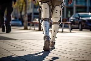 Unrecognizable woman wearing leg braces or orthosis walking on the street, view from behind. photo