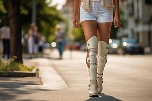 irreconocible mujer vistiendo pierna tirantes o ortesis caminando en el calle, ver desde detrás. ai generado foto