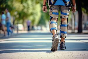 irreconocible mujer vistiendo pierna tirantes o ortesis caminando en el calle, ver desde detrás. ai generado foto