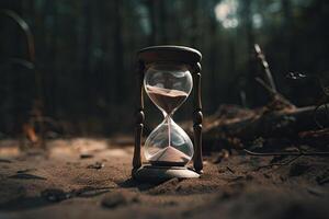 Hourglass on dark background, Time is running out. photo