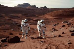 Astronauts wearing space suits walking on red planet. photo