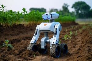 Unmanned robot working in agricultural field. photo