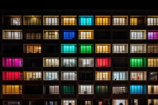 Front view of building facade with colorful windows at night. photo