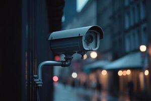 Surveillance camera at city street. CCTV monitoring system. photo