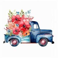 Vintage truck with flowers. Watercolor hand drawn Clipart isolated on white background, . photo