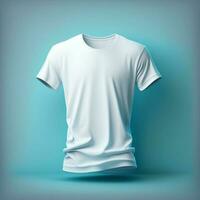 blanco camiseta Bosquejo en azul fondo, generativo ai foto