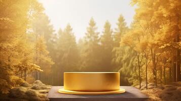 golden podium for product presentation in autumn forest, photo