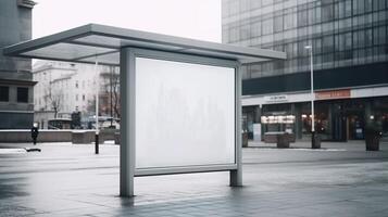 público anuncio cartelera Bosquejo a autobús estación fondo, generativo ai foto