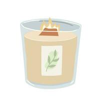 Scented burning candle in a glass jar isolated on white background. Aromatherapy and relax hand draw vector illustration. Create romantic atmosphere, home decor